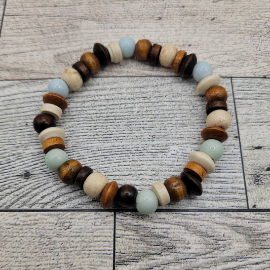 Boho Beachwood Vibe, Beaded Bracelet, Light Blue Porcelain Beads – Handmade & Stretchy
