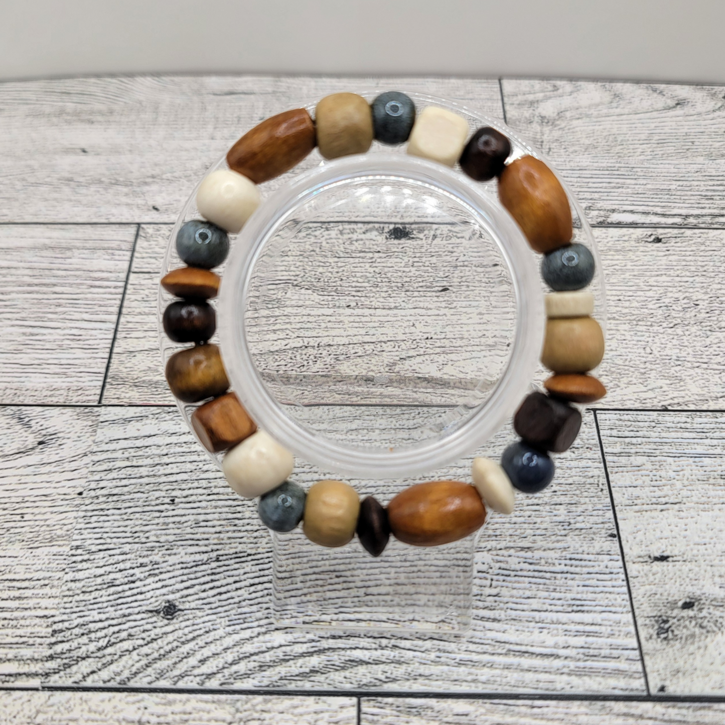 Rustic Boho Wood Bead Bracelet, Touch of Blue β Earthy & Unique πΏβ¨