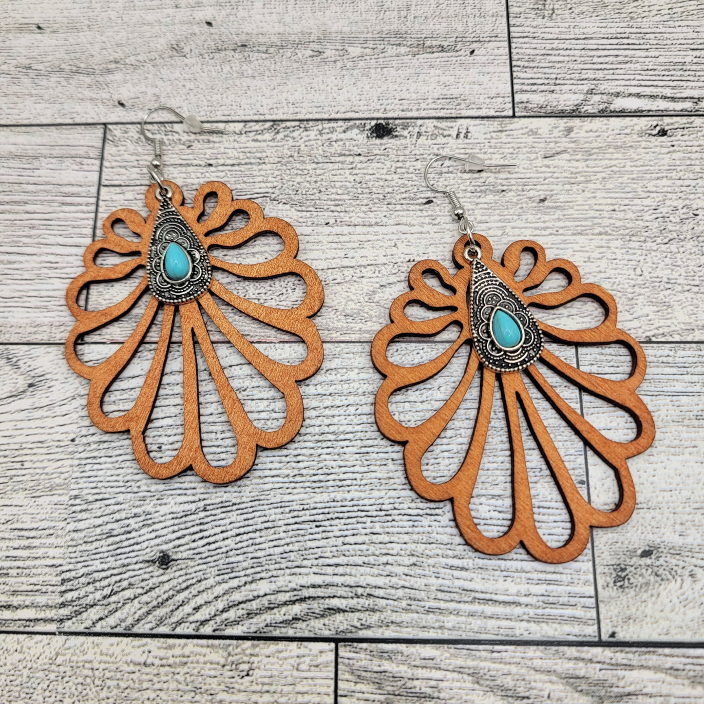Boho Wooden Flower Cutout Earrings with Turquoise Charm