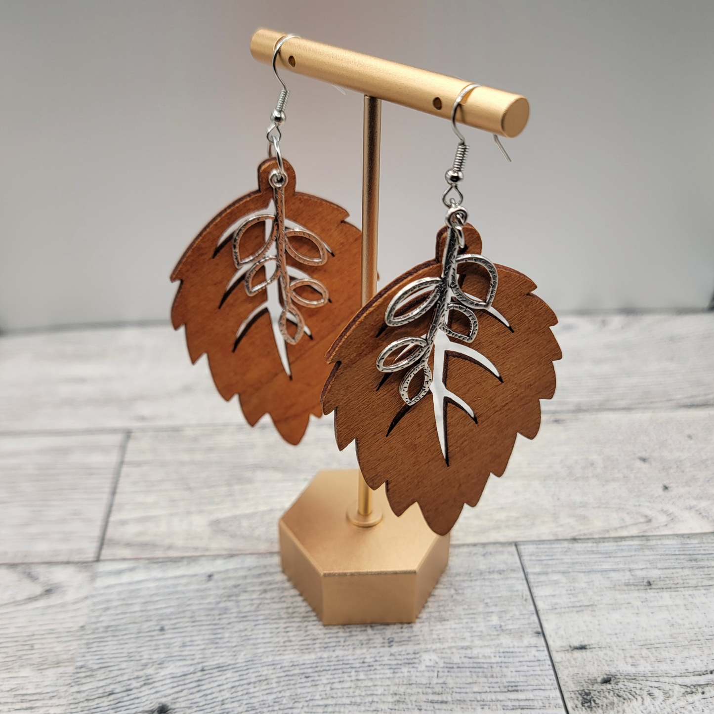 Boho Wood Leaf Dangle Earrings with Silver Branch Charm 🌿✨
