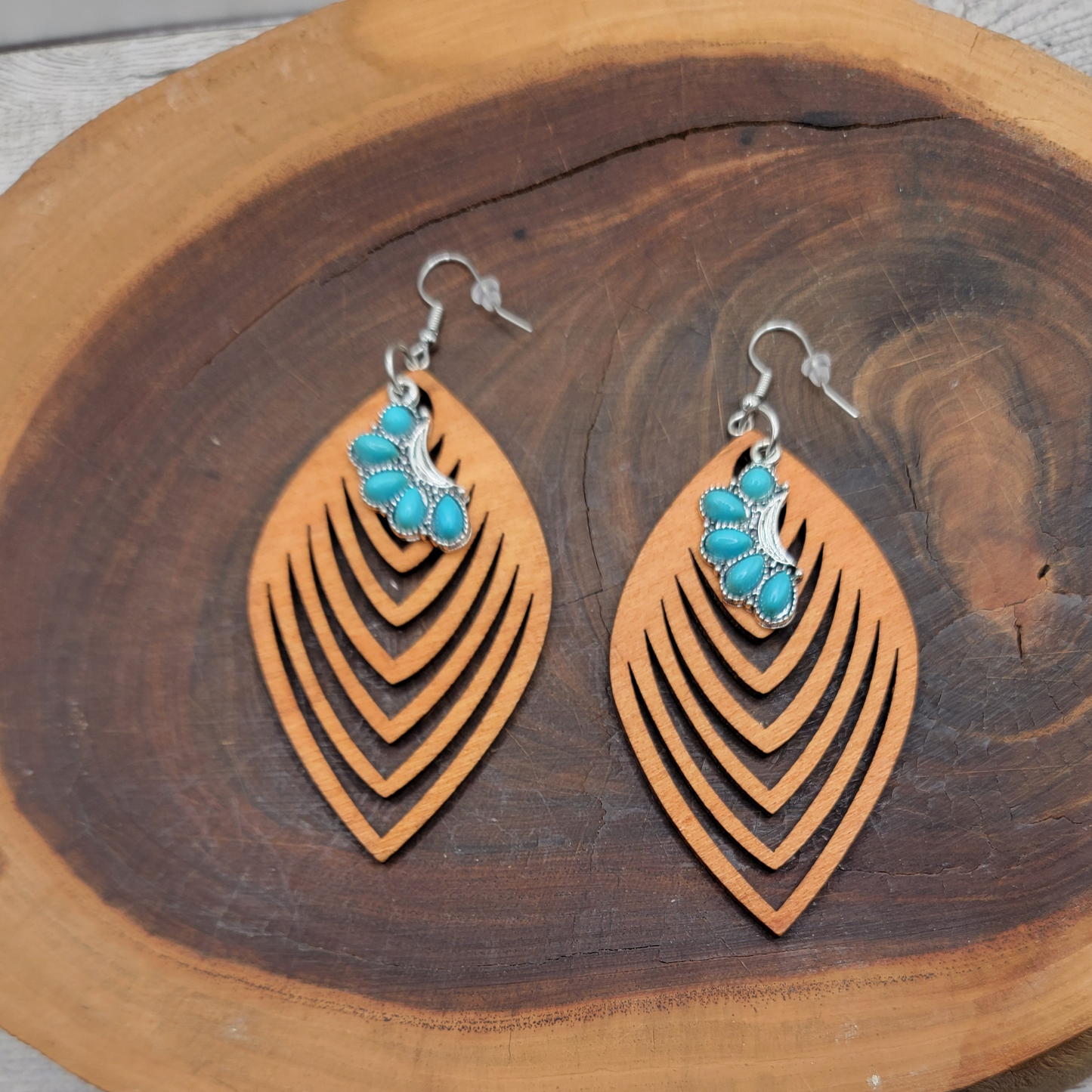 Boho Layered Wood & Turquoise Dangle Earrings