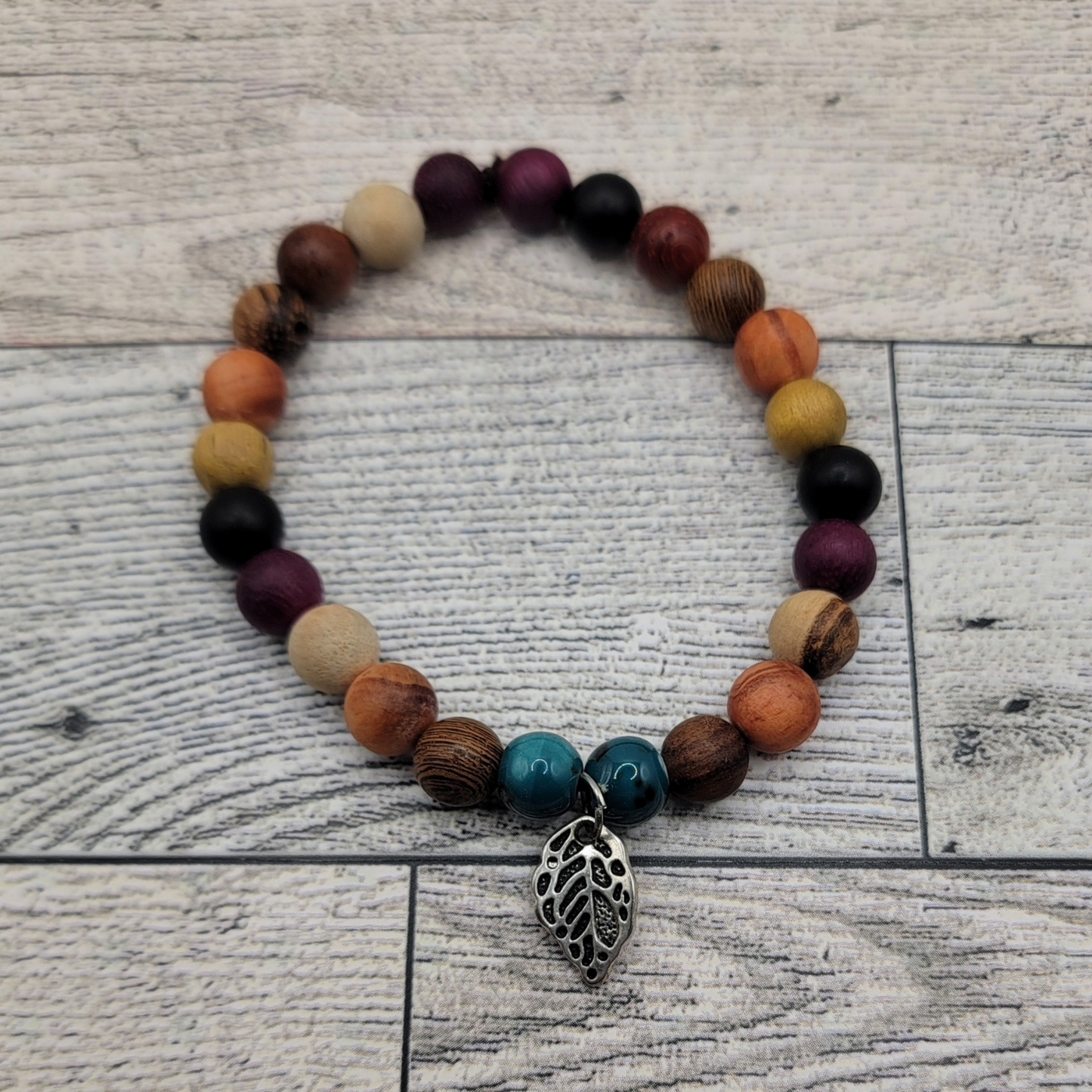 Rustic Beachy & Boho Vibes Wood & Turquoise Bracelet – Silver Leaf Charm