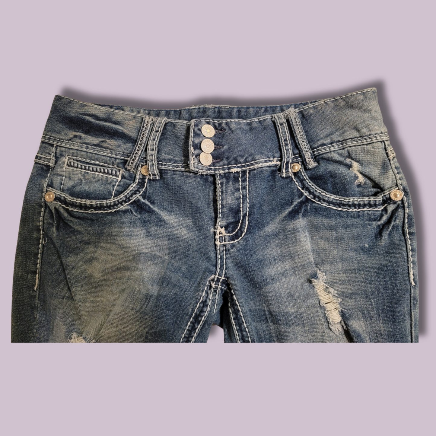 Amethyst Jeans, Distressed, Detail Stitch, Size 9