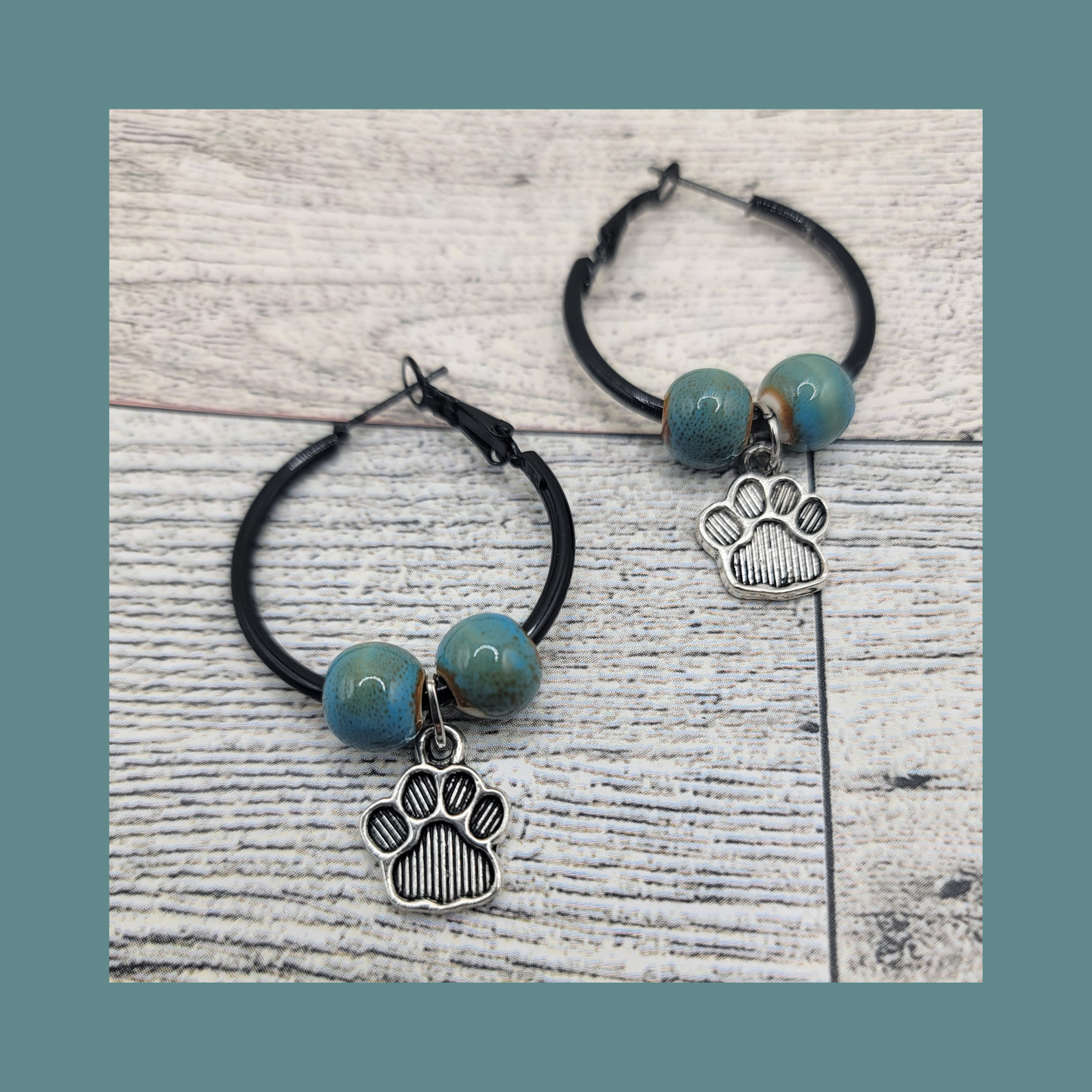 1" Black Hoop Earrings, Blue/Green Ceramic Beads & Silver/Black Dog Paw