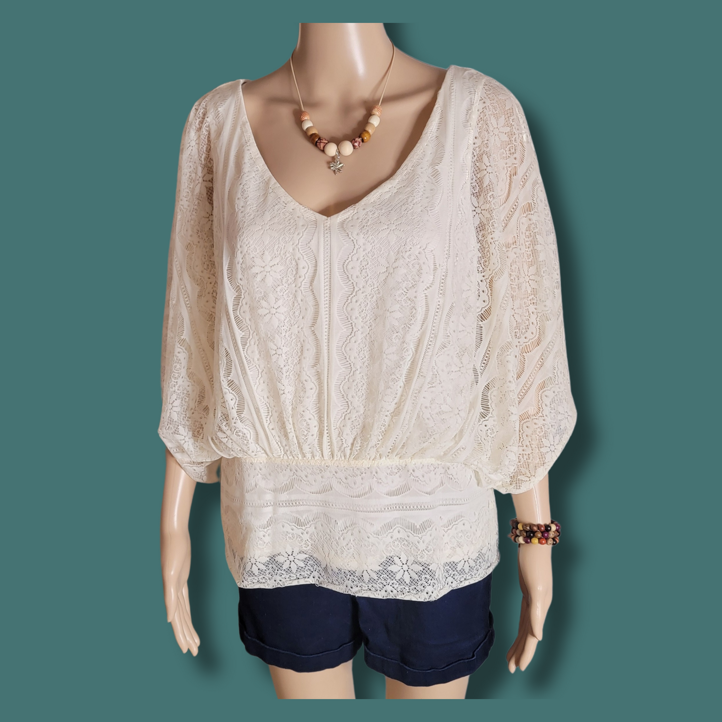 Lace Blouse, Bat wing sleeves, Cream Color, Size L