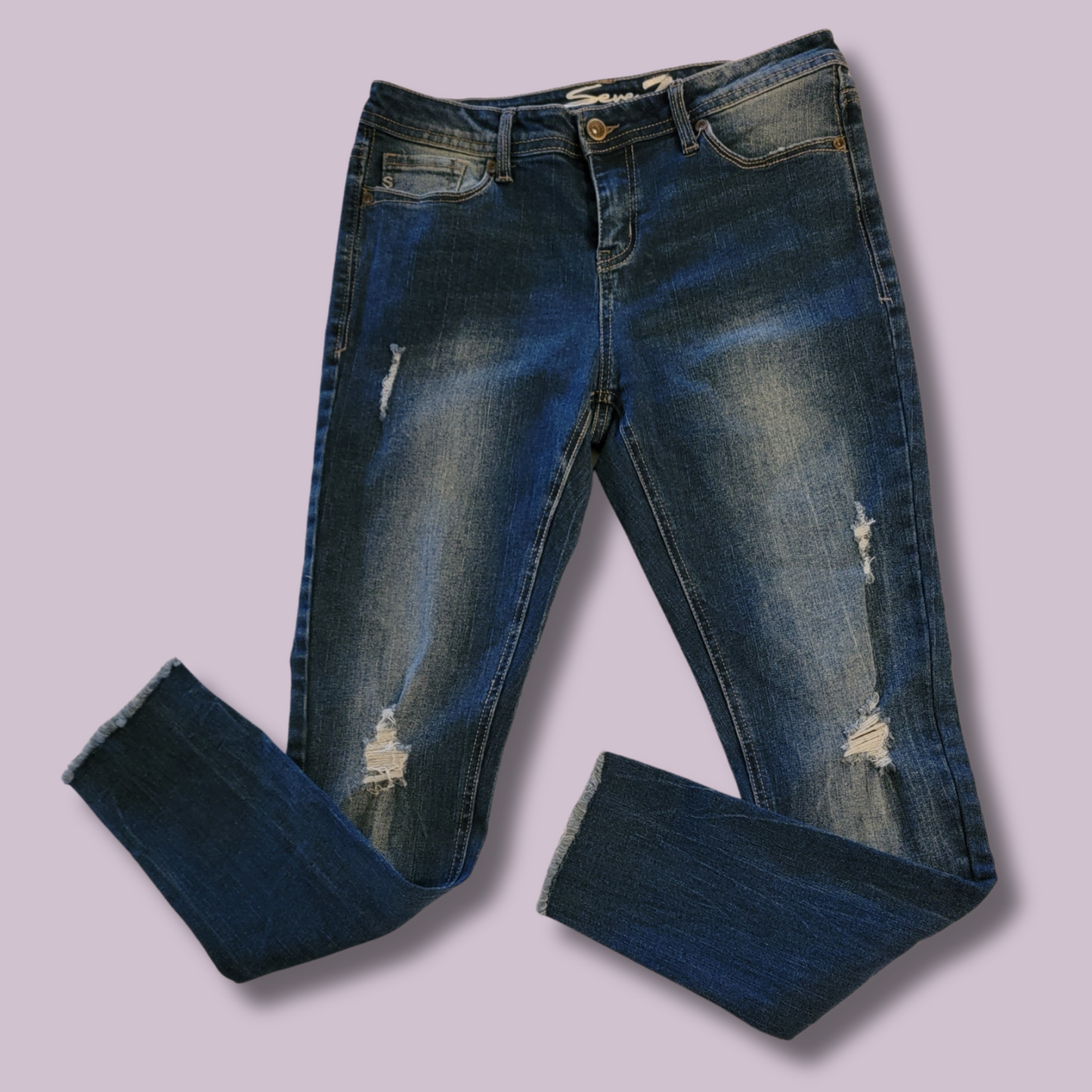 Seven 7, Blue Distressed Skinny Jeans, Size 9