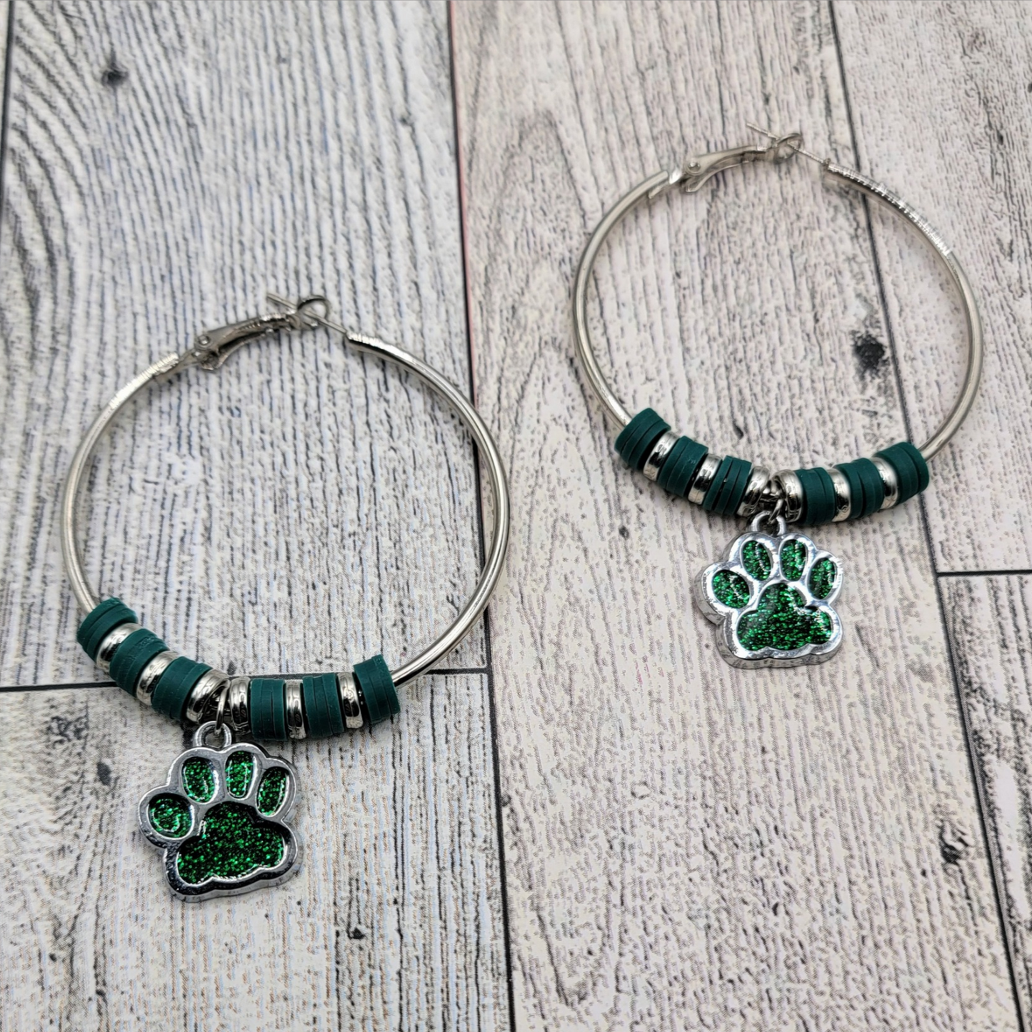 2" Silver Hoop Earrings, Green Dog Paw Charm