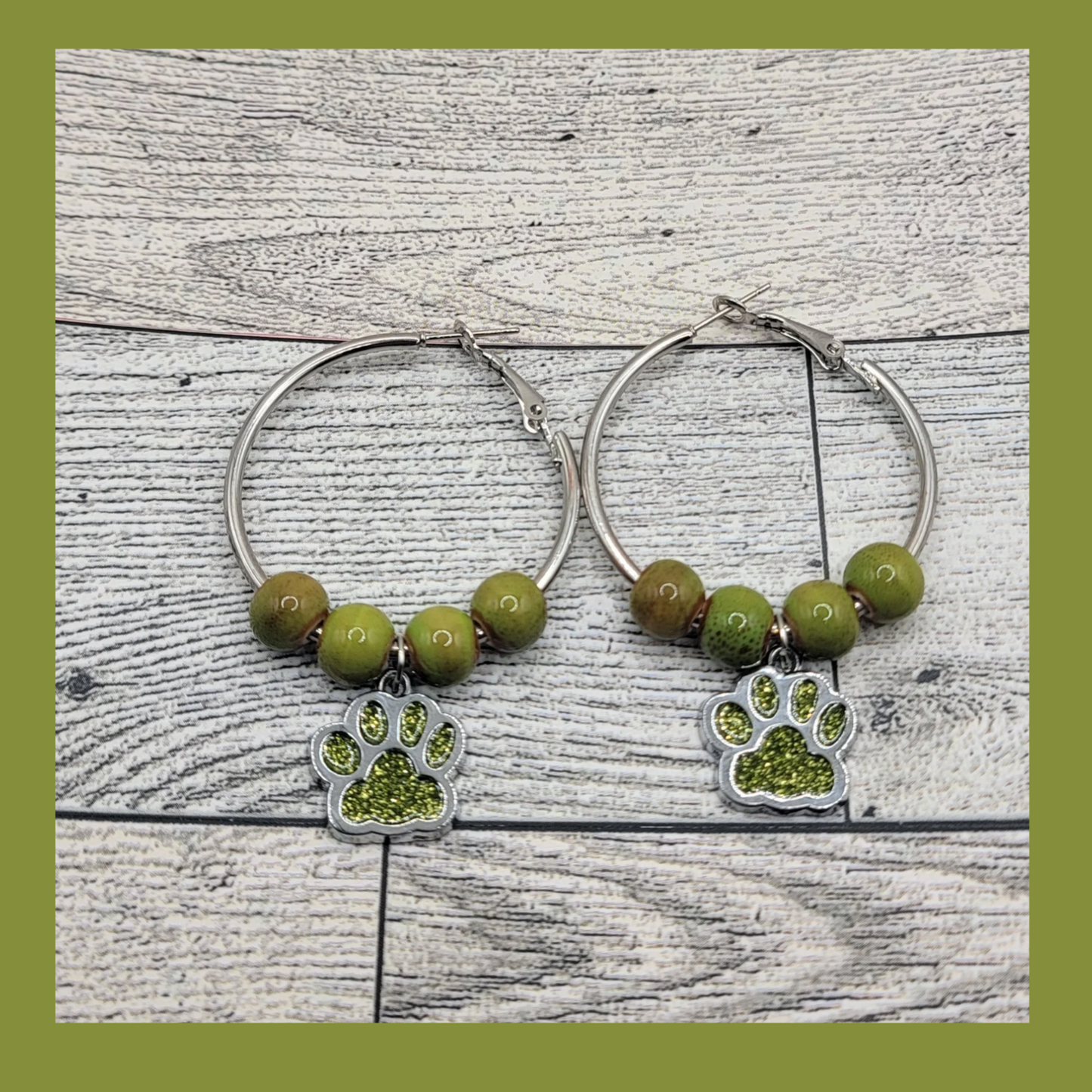1-1/2" Silver Hoop Earrings, Green Beads & Green Dog Paw