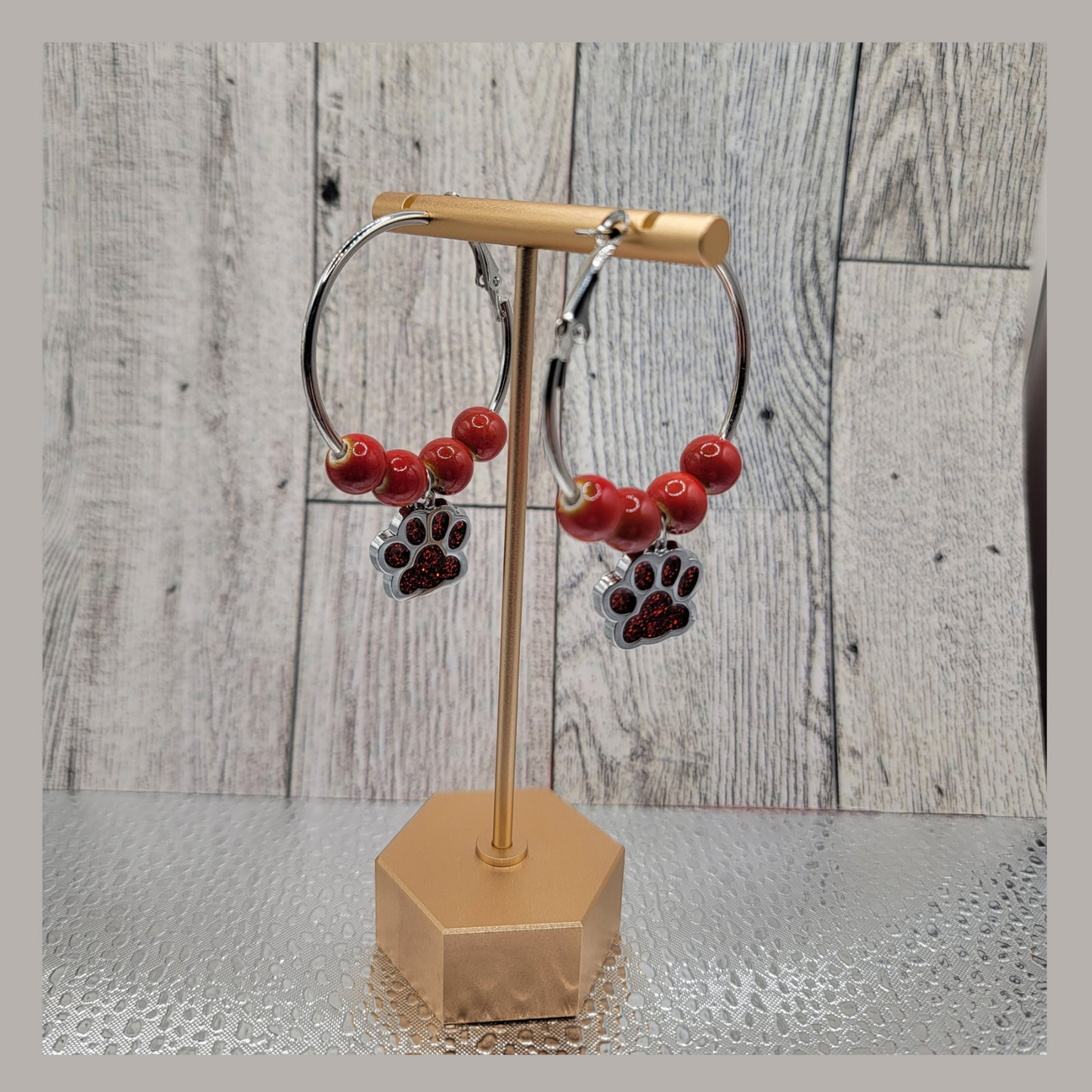 1-1/2" Silver Hoop Earrings, Red Beads & Red Dog Paw Charm
