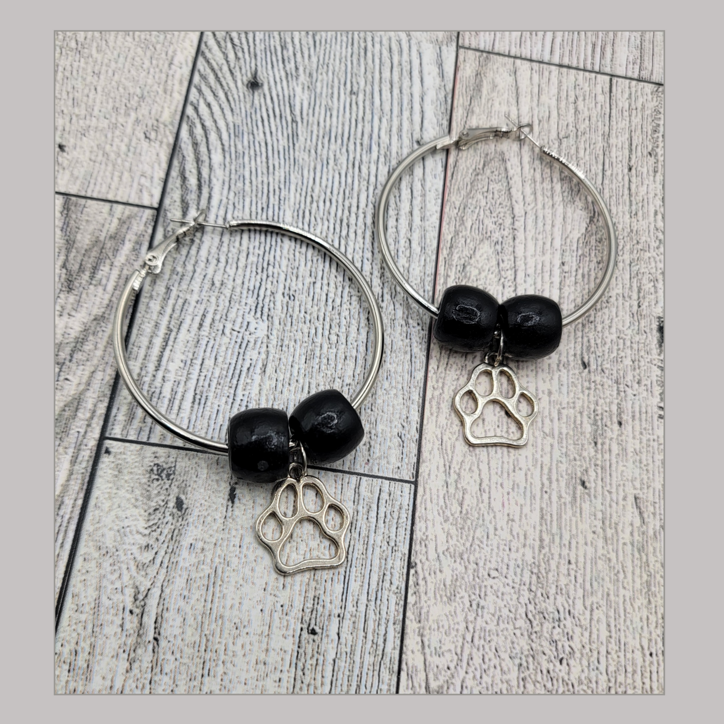 2" Silver Hoop Earrings, Black Beads, Silver Dog Paw Charm