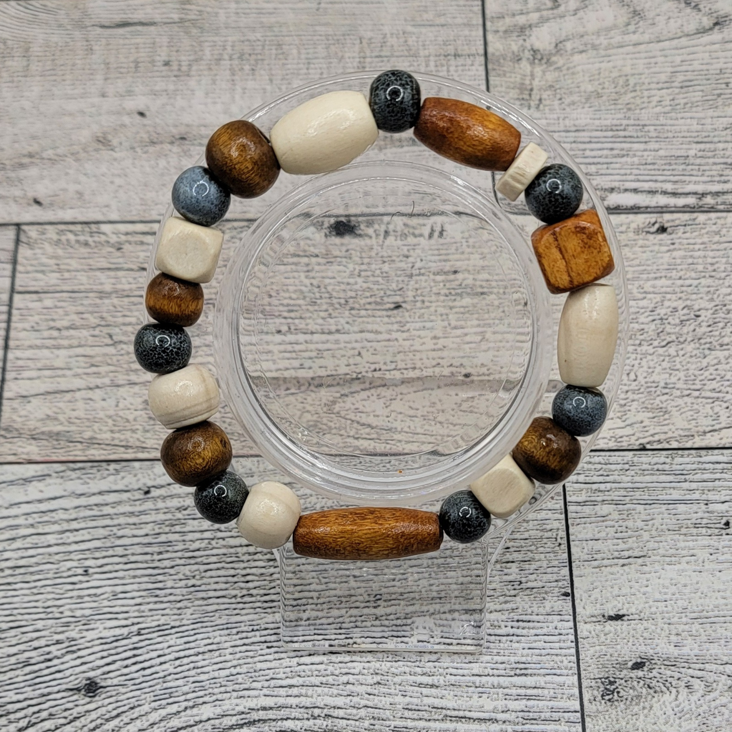 Wood & Porcelain Bead Bracelet, Touch of Blue, Stretch, Unisex, Boho Vibes