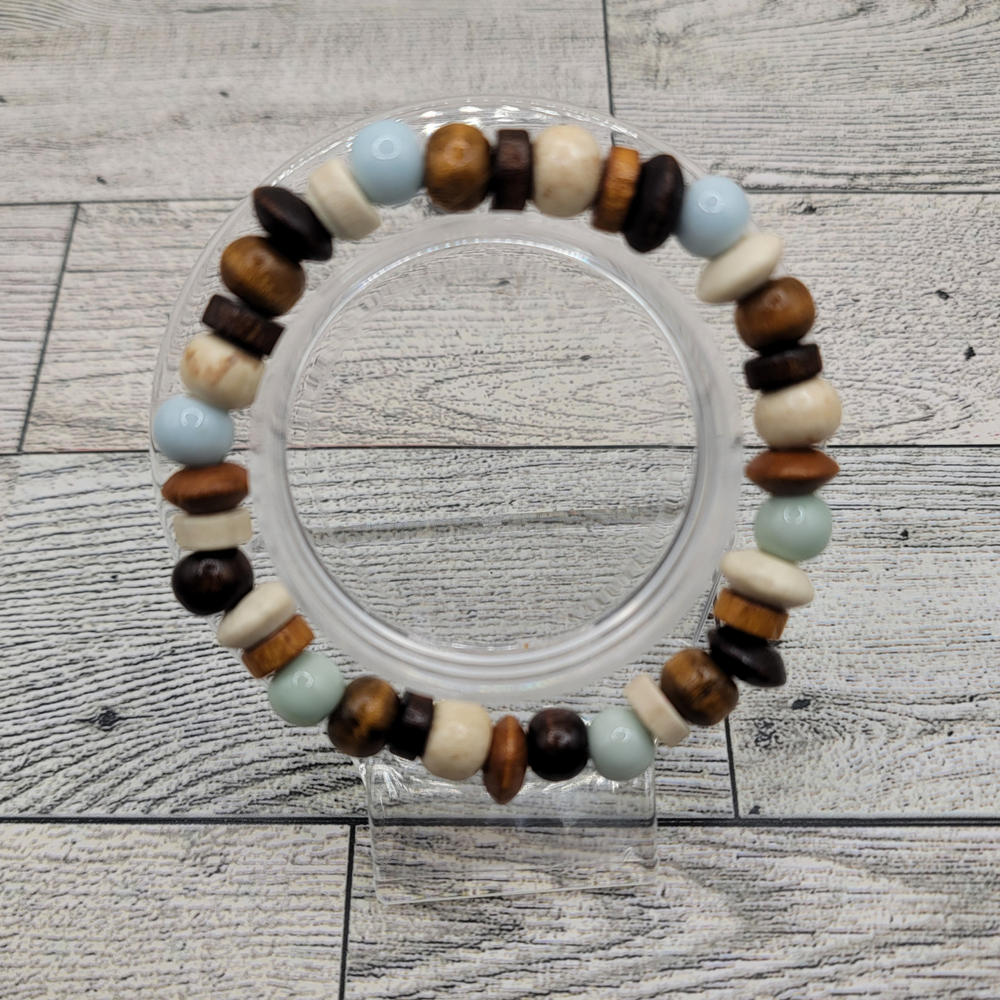 Boho Beachwood Vibe, Beaded Bracelet, Light Blue Porcelain Beads – Handmade & Stretchy
