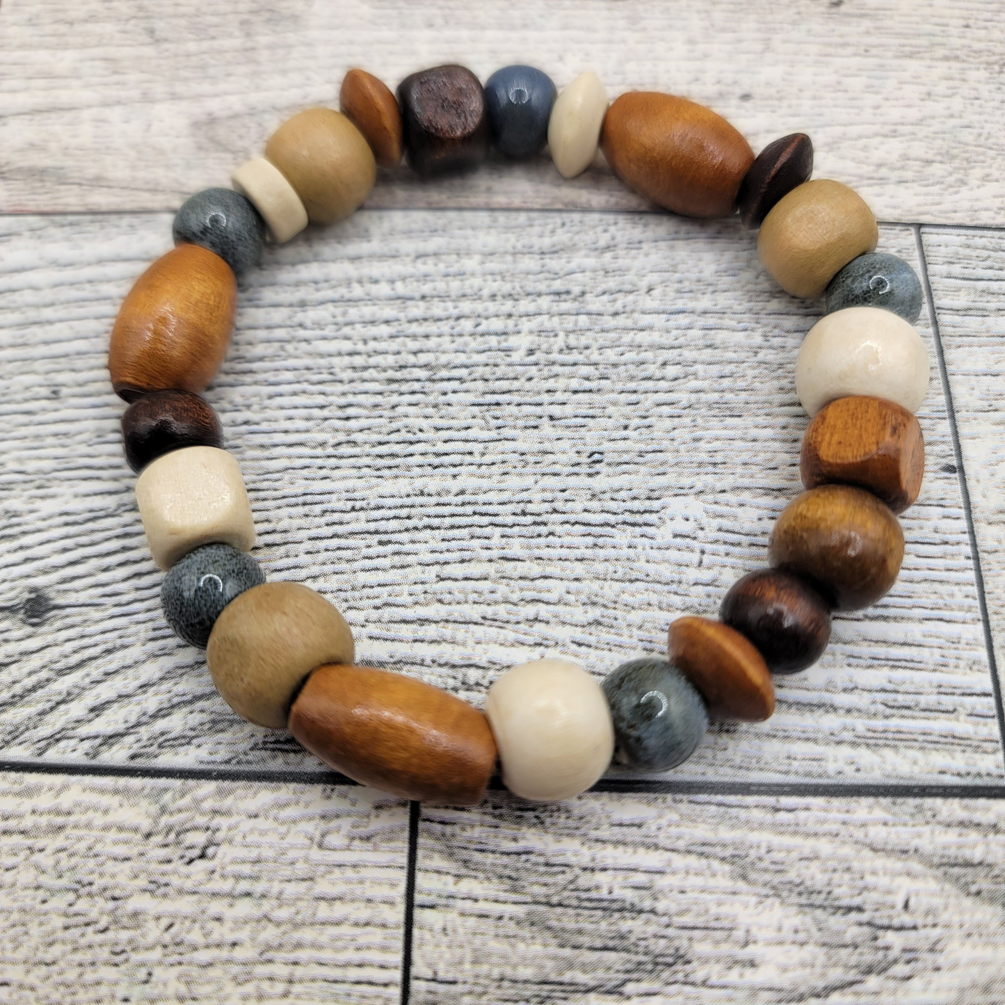 Rustic Boho Wood Bead Bracelet, Touch of Blue β Earthy & Unique πΏβ¨