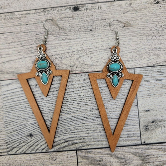✨ Boho Geometric Wooden Earrings with Turquoise Accents ✨
