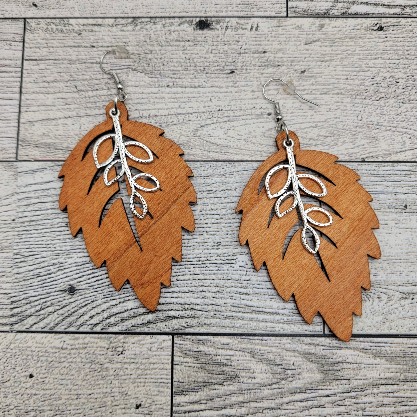 Boho Wood Leaf Dangle Earrings with Silver Branch Charm 🌿✨