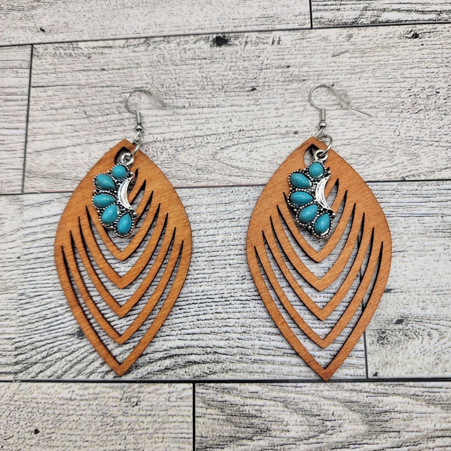 Boho Layered Wood & Turquoise Dangle Earrings