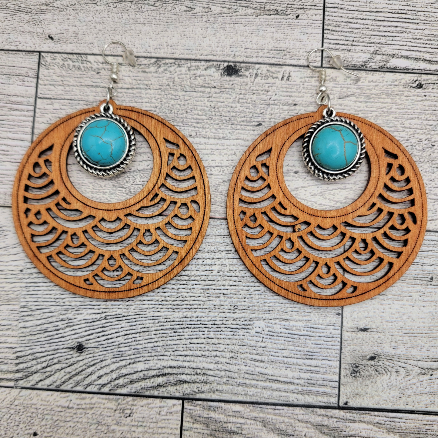Mandala Wood & Turquoise Dangle Earrings