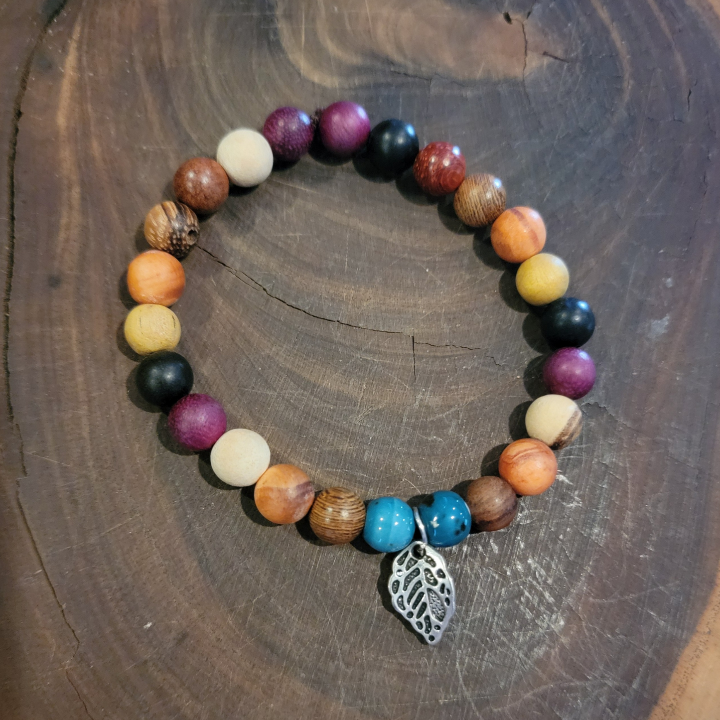 Rustic Beachy & Boho Vibes Wood & Turquoise Bracelet – Silver Leaf Charm