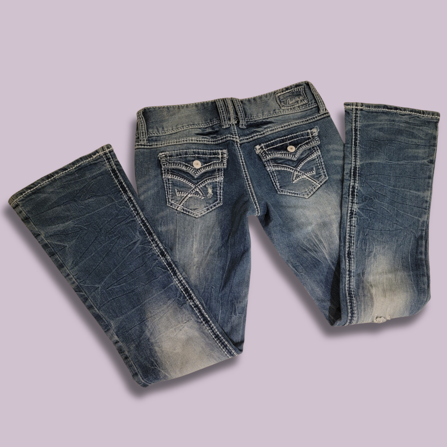 Amethyst Jeans, Distressed, Detail Stitch, Size 9