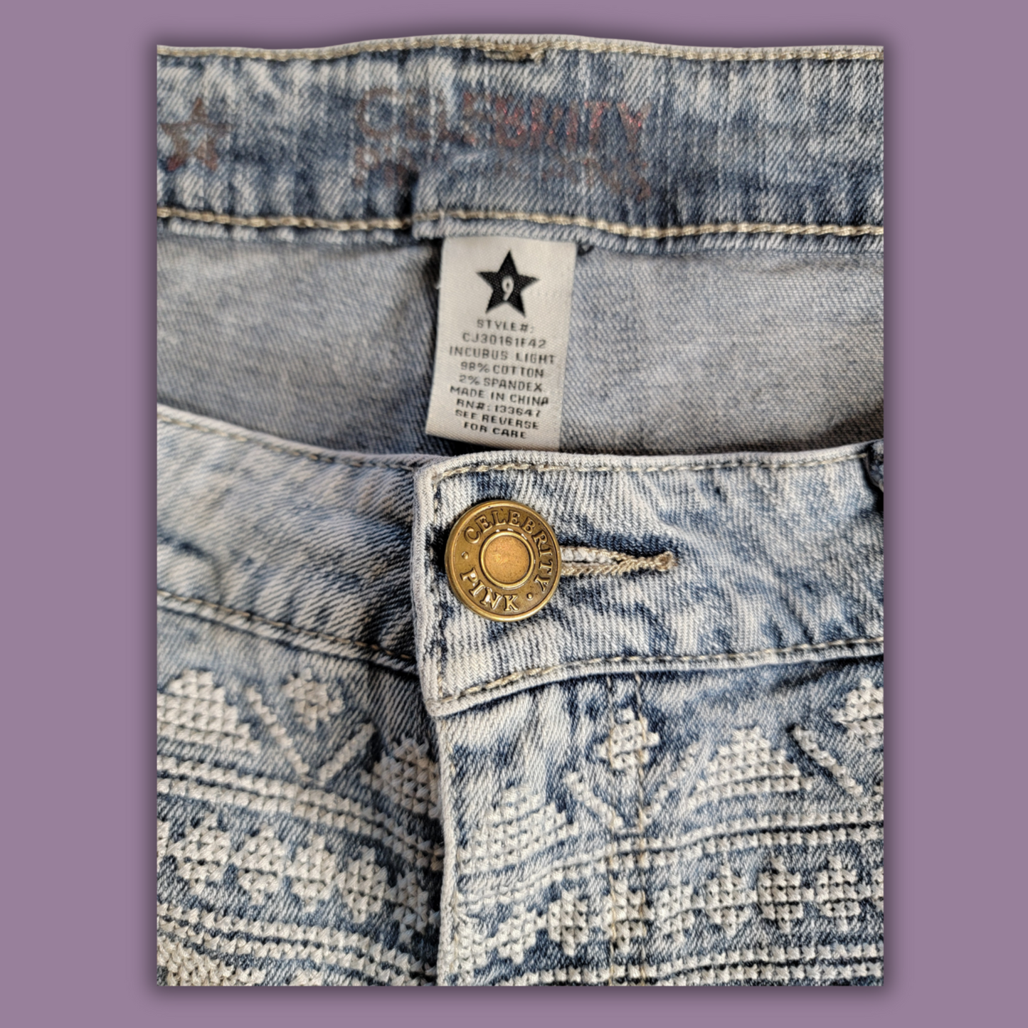 Celebrity Pink Jean Shorts, Aztec Pattern, Frayed Hem, Size 9