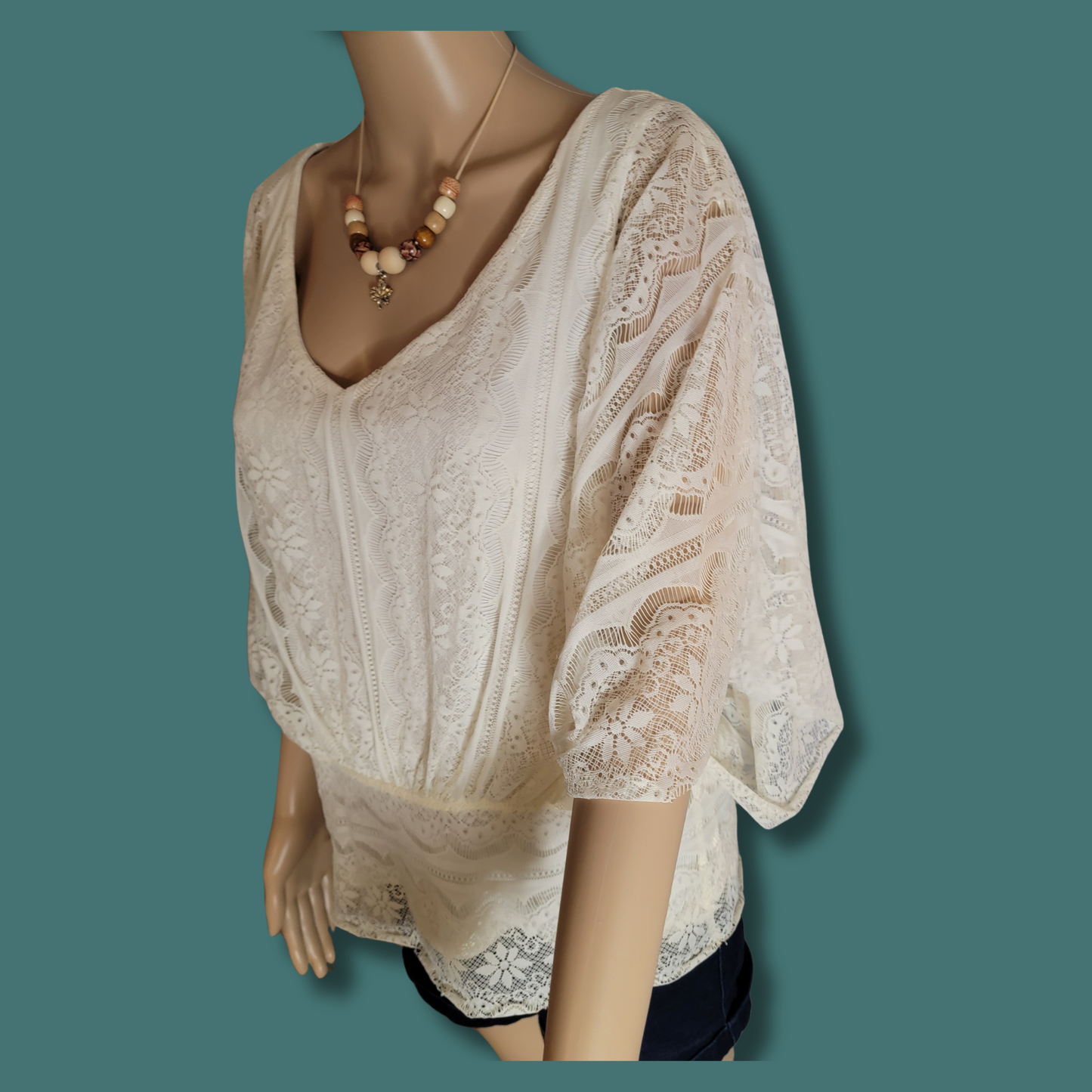 Lace Blouse, Bat wing sleeves, Cream Color, Size L