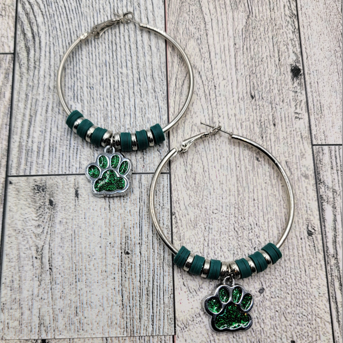 2" Silver Hoop Earrings, Green Dog Paw Charm
