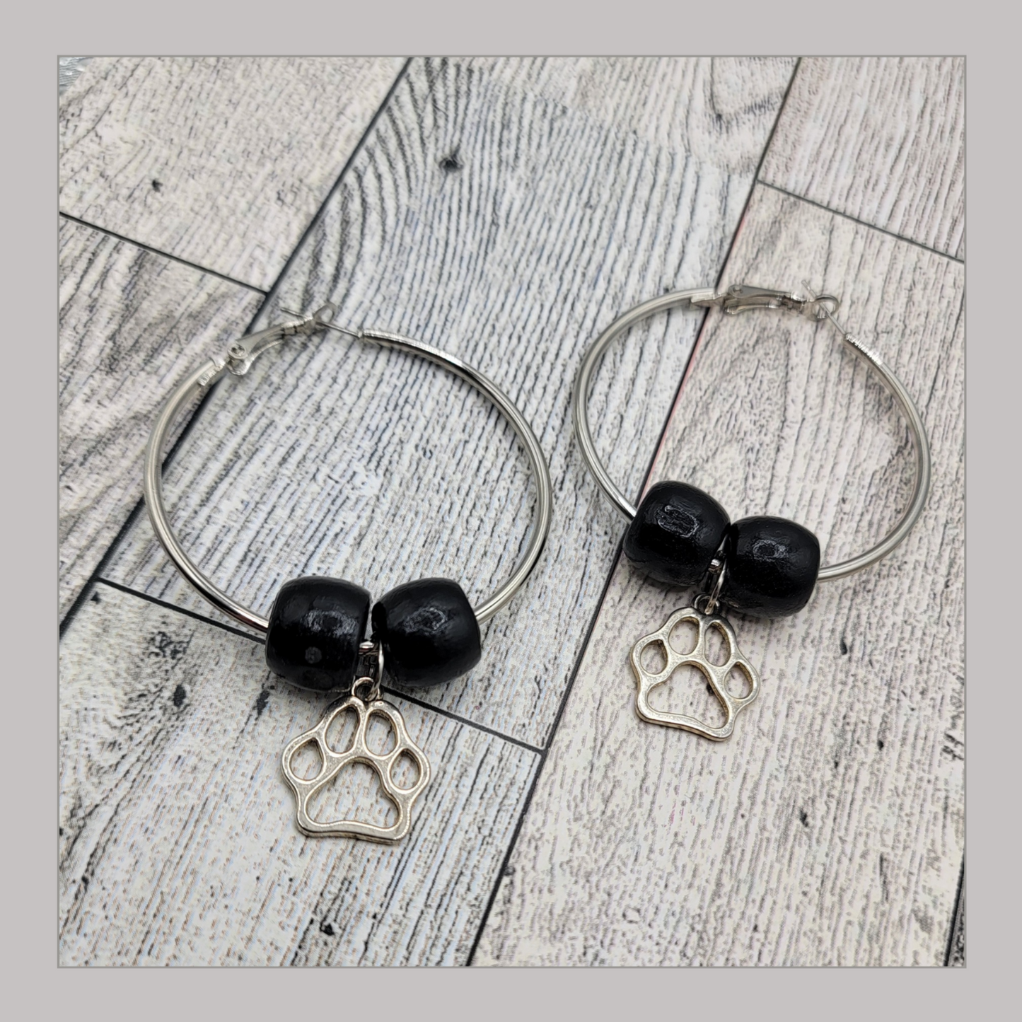 2" Silver Hoop Earrings, Black Beads, Silver Dog Paw Charm