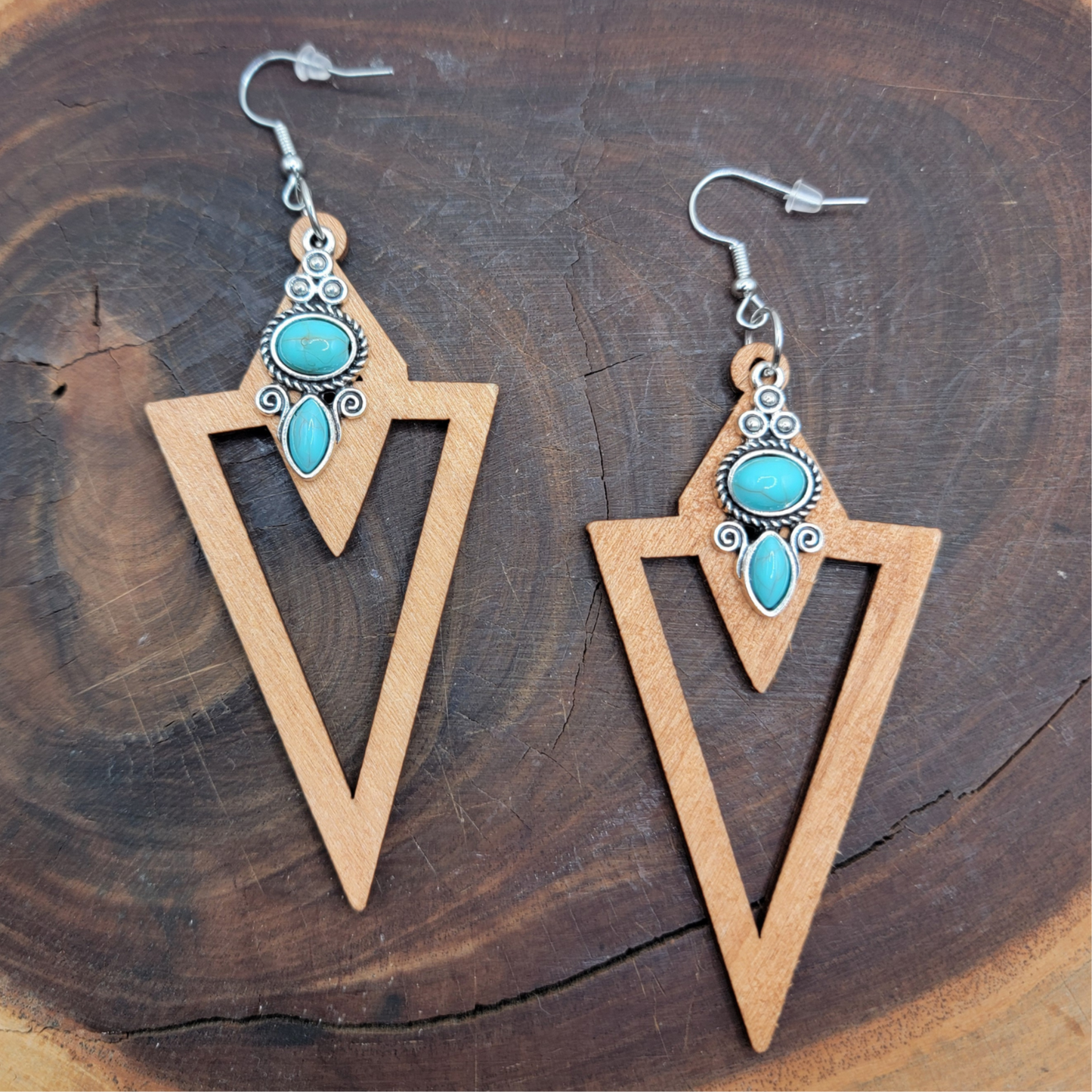 ✨ Boho Geometric Wooden Earrings with Turquoise Accents ✨