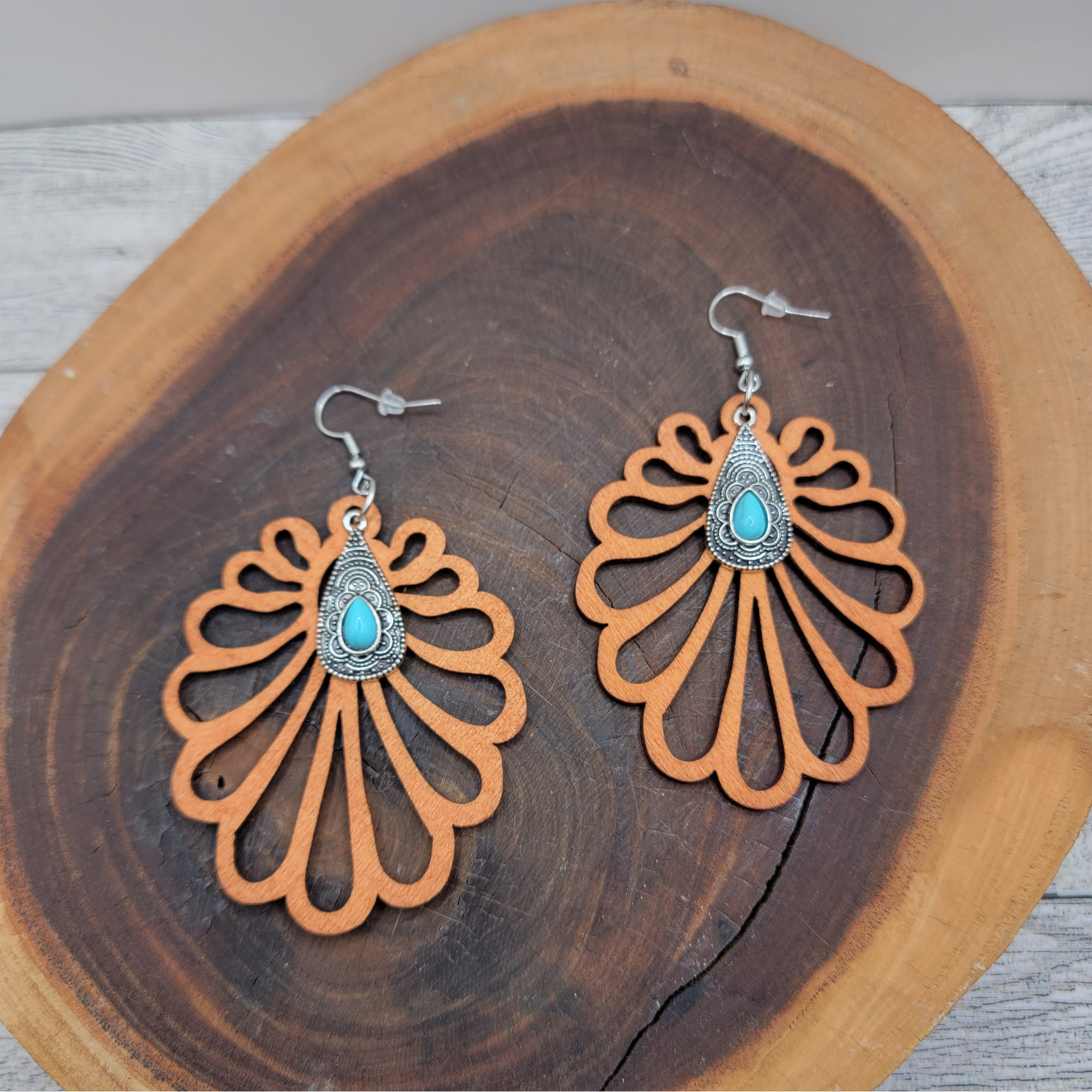 Boho Wooden Flower Cutout Earrings with Turquoise Charm