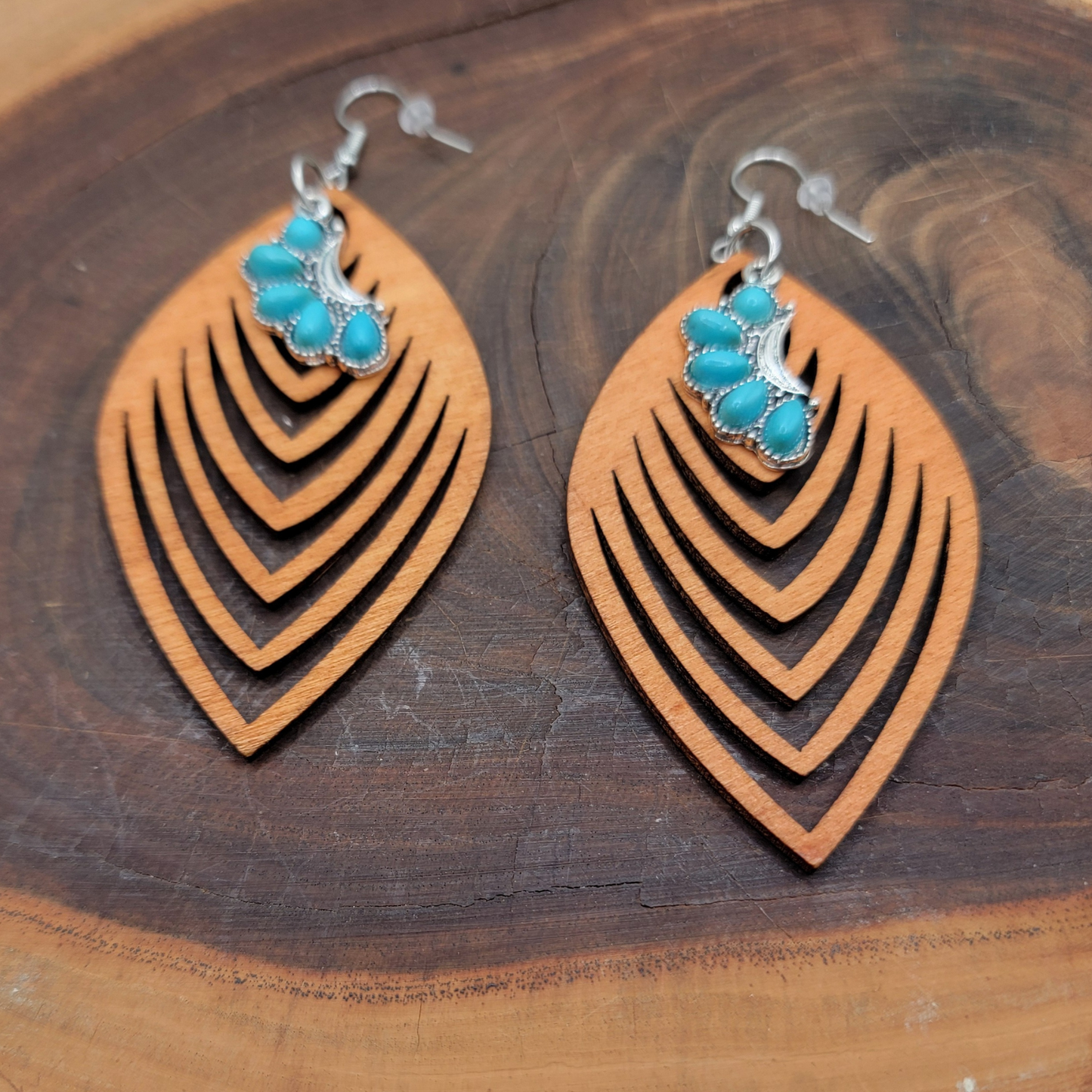 Boho Layered Wood & Turquoise Dangle Earrings