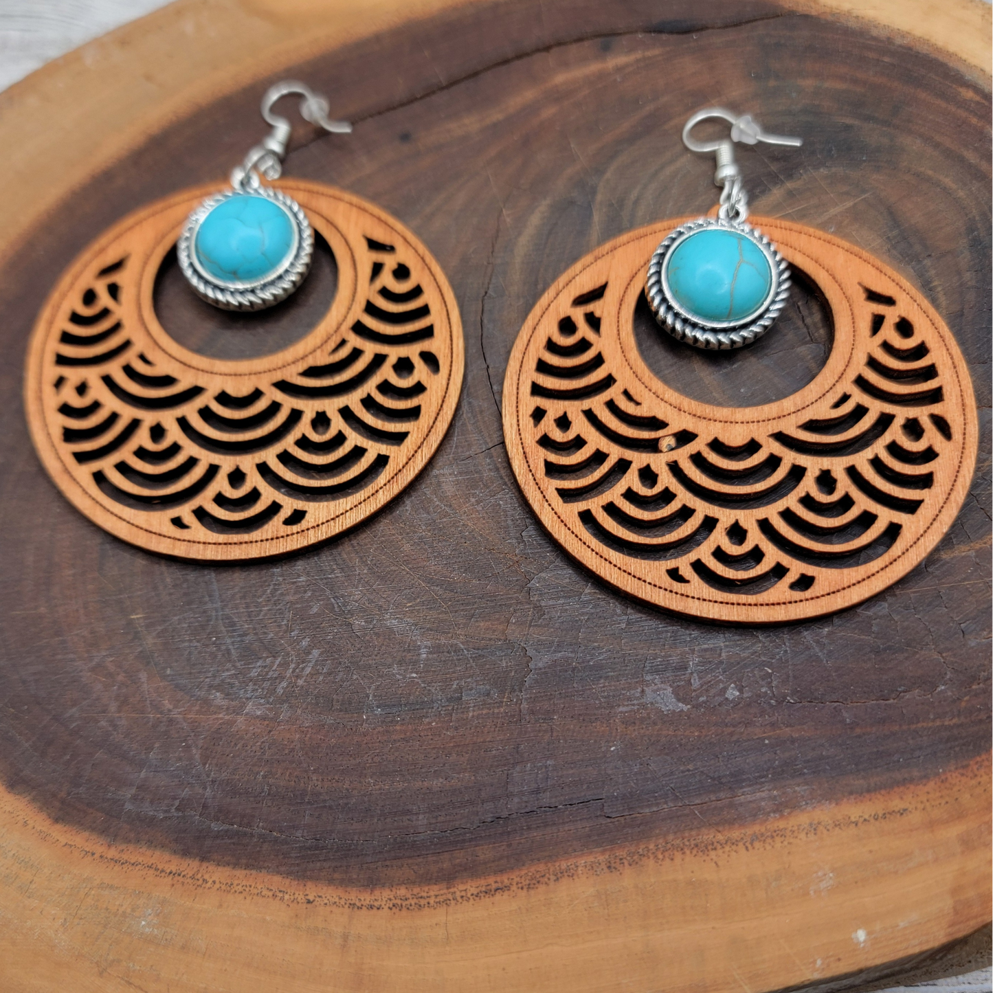 Mandala Wood & Turquoise Dangle Earrings