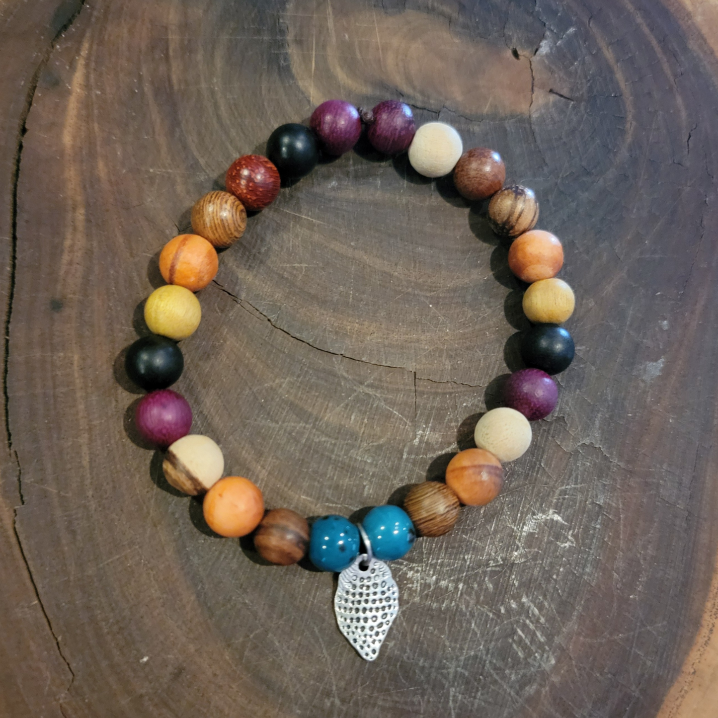 Rustic Beachy & Boho Vibes Wood & Turquoise Bracelet – Silver Leaf Charm