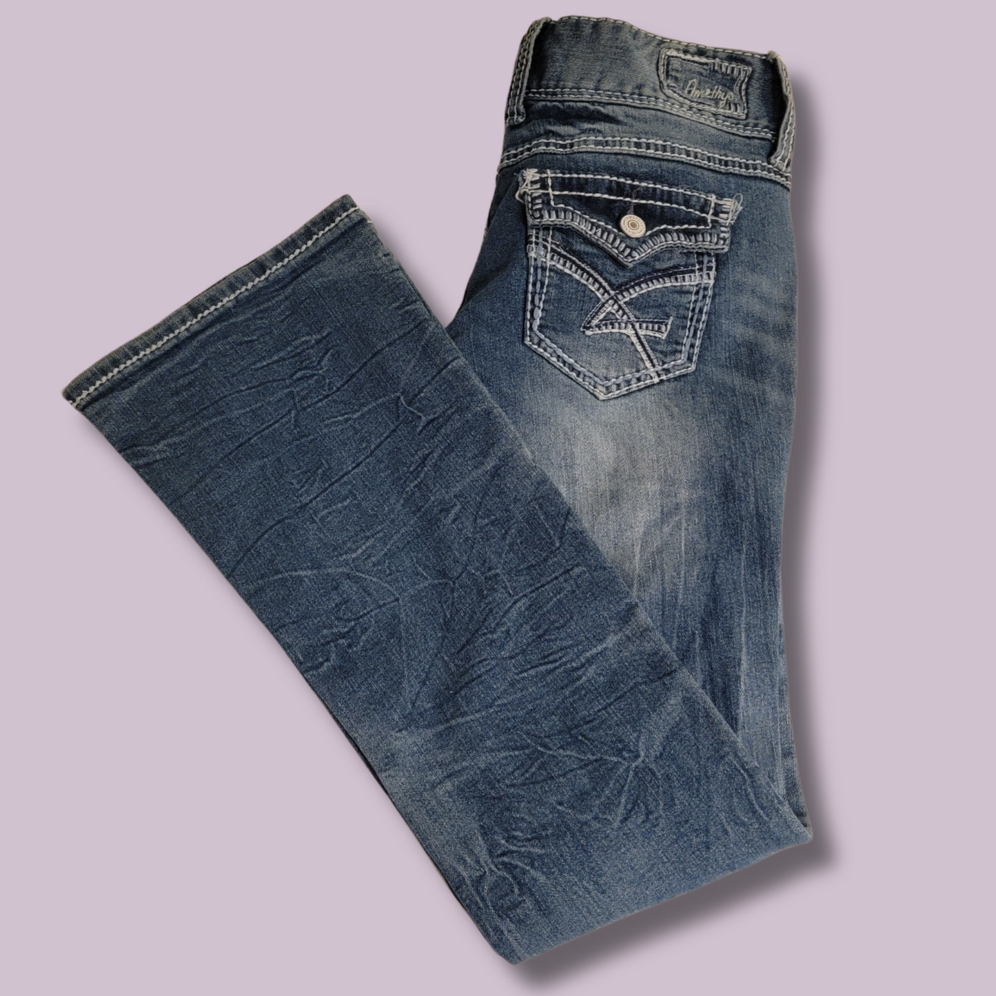 Amethyst Jeans, Distressed, Detail Stitch, Size 9