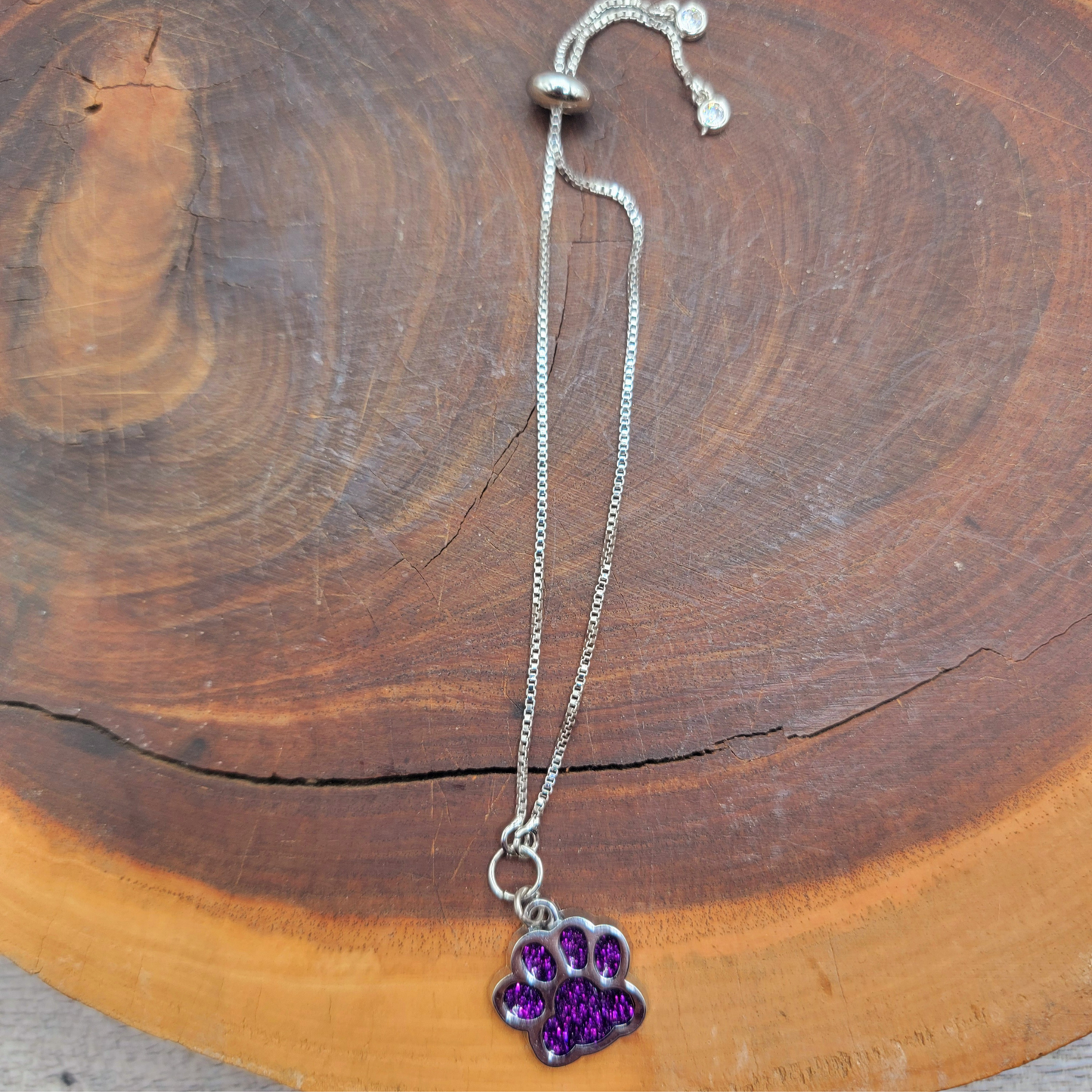 ✨ Adjustable Silver Bracelet with Purple Glitter Dog Paw Charm ✨