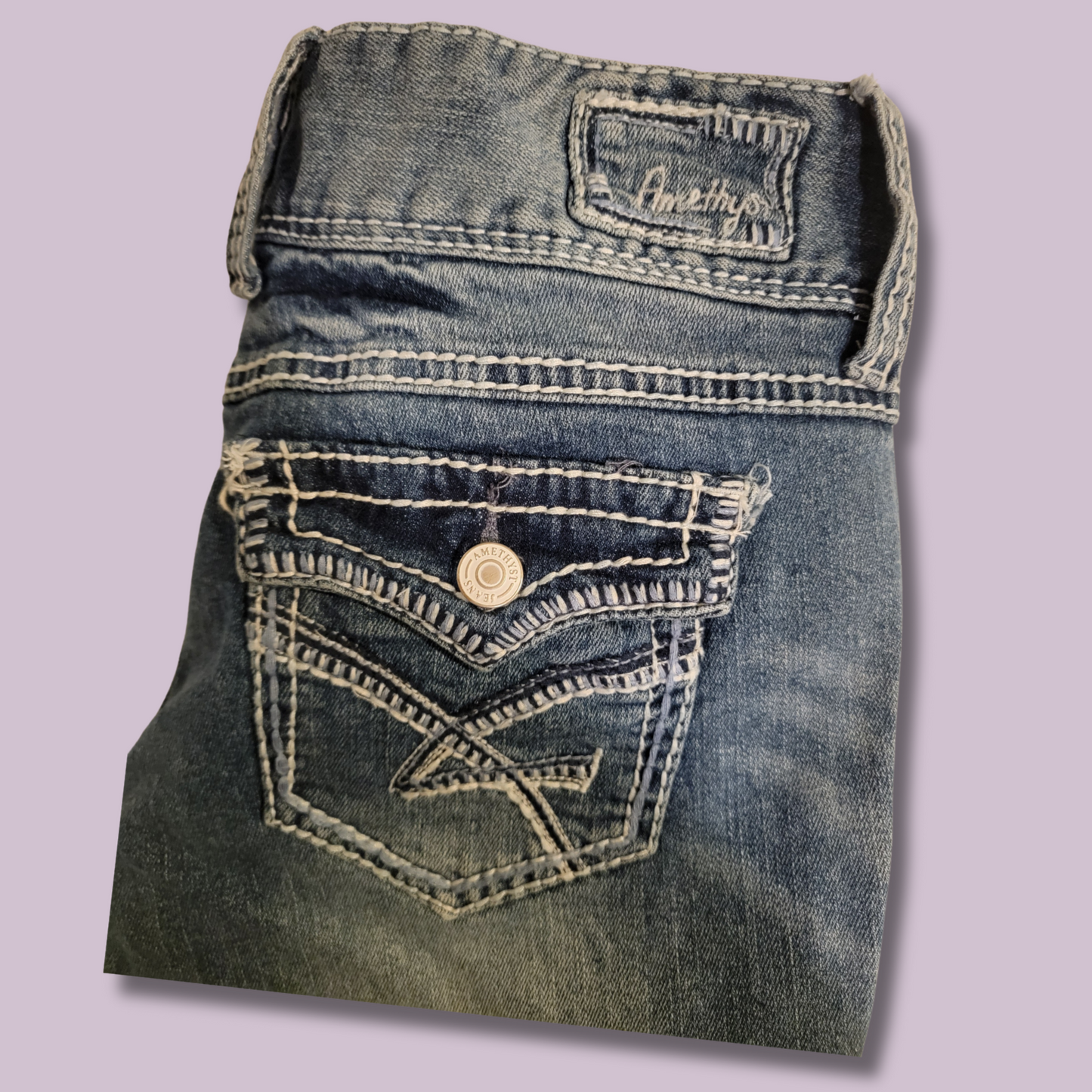 Amethyst Jeans, Distressed, Detail Stitch, Size 9