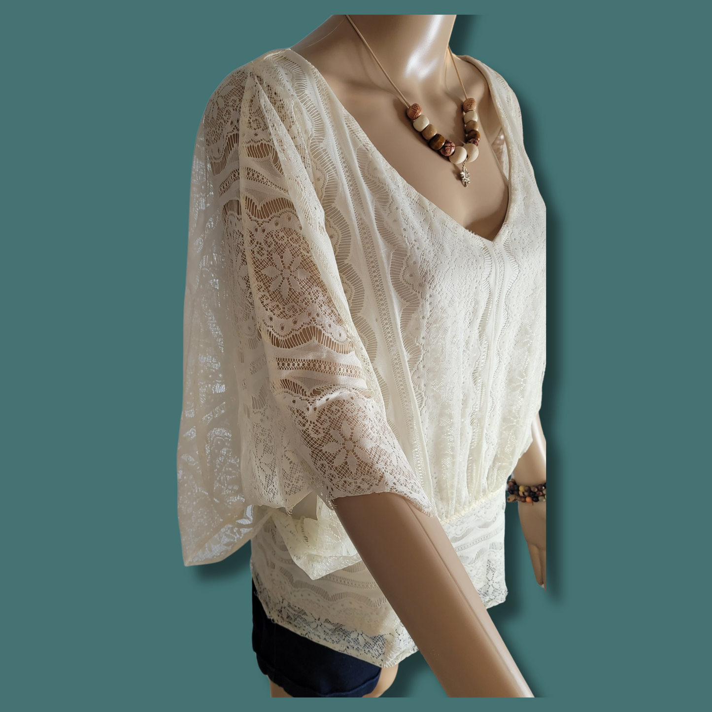 Lace Blouse, Bat wing sleeves, Cream Color, Size L