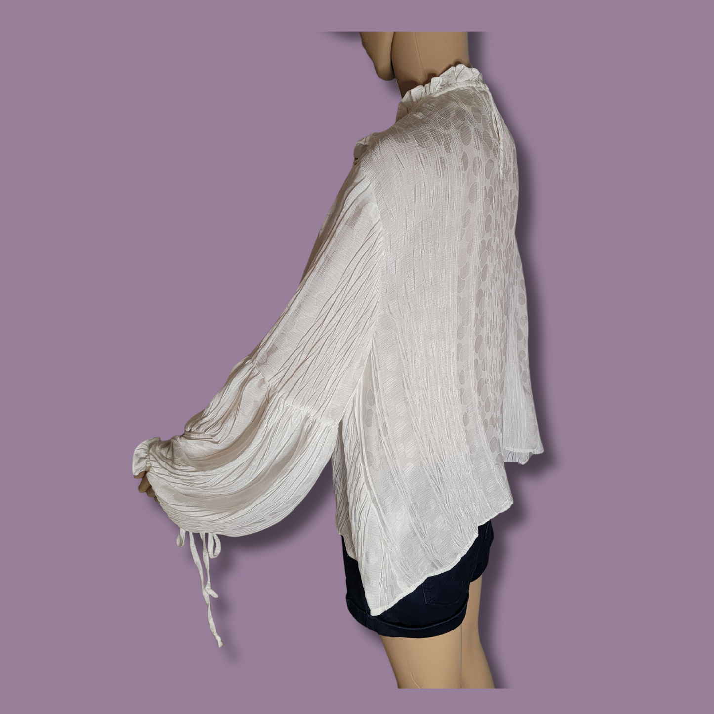 White Long Sleeve Blouse by Reset by Jane, Sheer, Ruffles, Size S