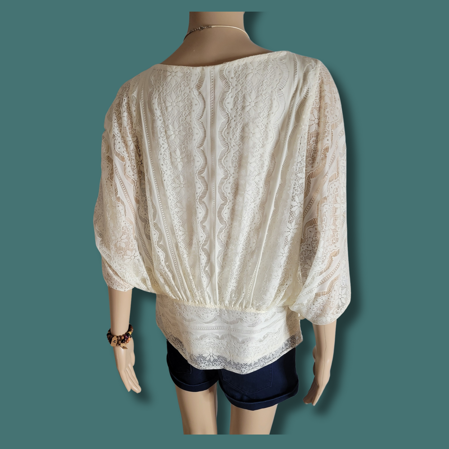 Lace Blouse, Bat wing sleeves, Cream Color, Size L