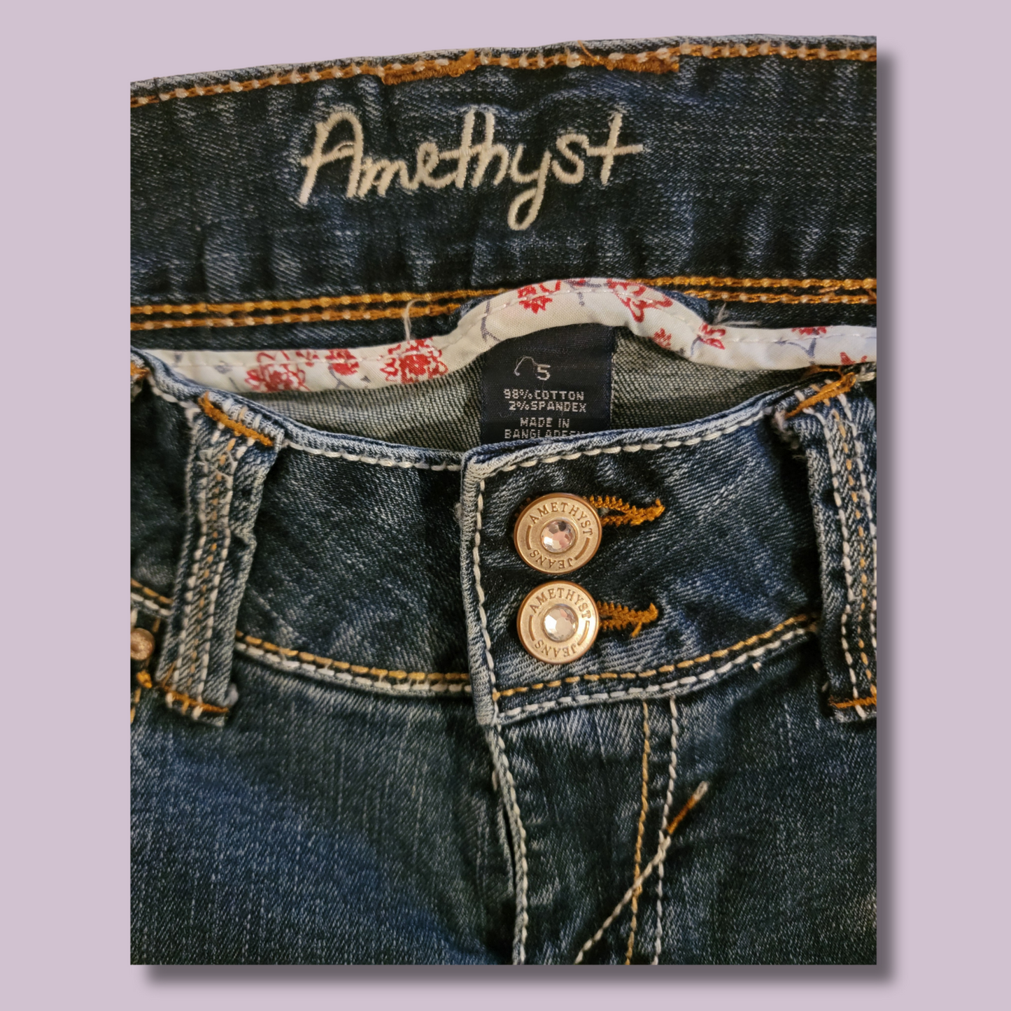 Amethyst Jeans, Distressed, Detail Stitch, Size 5