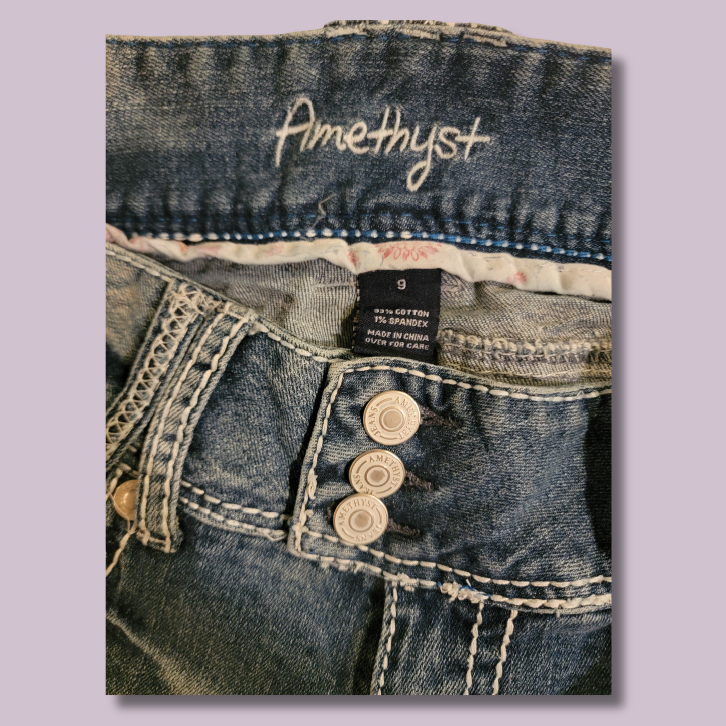 Amethyst Jeans, Distressed, Detail Stitch, Size 9
